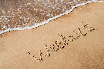 travel background with waves of sea, beach and word weekend