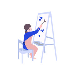 Girl painting flat illustration. Child drawing game in kindergarten. Childhood spending free time advertising print. Chracted design.
