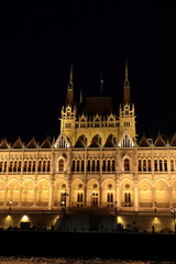 Panoramic view of the Hungarian parliament with illumination of walls from Danube at night.