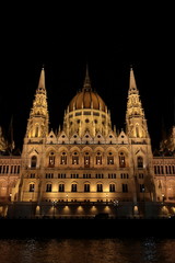 Fototapeta na wymiar Panoramic view of the Hungarian parliament with illumination of walls from Danube at night.