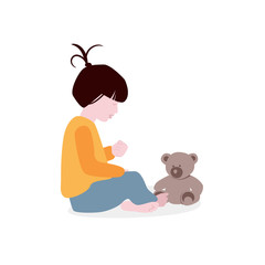 Girl playing with teddy bear flat illustration. Child game in kindergarten. Childhood advertising print. Chracted design.