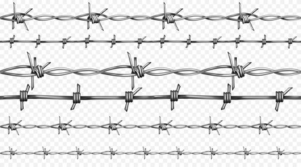 Barbed or barb wire vector illustration of seamless realistic 3D metallic fence wires with sharp edges isolated on white background - obrazy, fototapety, plakaty