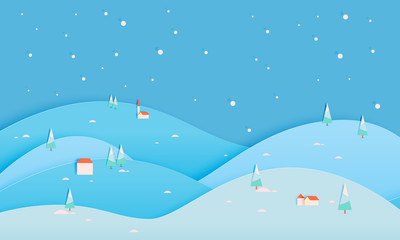 Winter landscape with paper art style and pastel color scheme