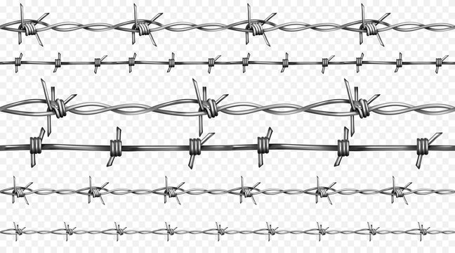 Barbed or barb wire vector illustration of seamless realistic 3D metallic fence wires with sharp edges isolated on white background