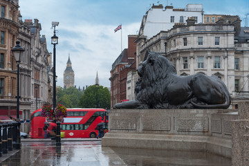 Statue of Lion on Trafalgar Square, on background Big Ben in London, United Kingdom © patrikslezak