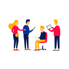 People with gadgets in their hands, teamwork, team, brainstorming, office life. Flat style vector illustration.