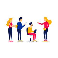 People with gadgets in their hands, teamwork, team, brainstorming, office life. Flat style vector illustration.