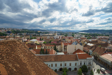 Fototapeta na wymiar View of Cluj Napoca city Center from the roof in summer