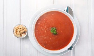 Fresh tomato soup in a white plate