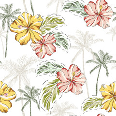 Tropical hibiscus flowers, palm trees, leaves background. Vector seamless pattern. Jungle illustration. Exotic plants. Summer beach floral design. Paradise nature graphic © ojardin