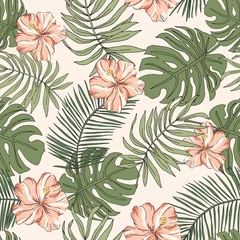 Light filtering roller blinds Hibiscus Tropical pink hibiscus flowers, green palm leaves background. Vector seamless pattern. Jungle foliage illustration. Exotic plants. Summer beach floral design. Paradise nature graphic greenery