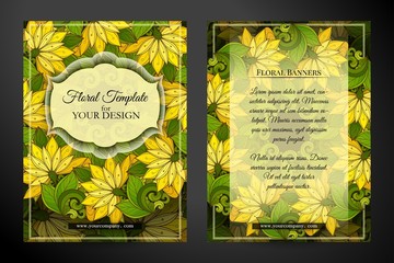 Colored Double-sided Greeting Card. Beautiful Abstract Flowers, Elegant Feminine Template. Corporate Identity, Flyer, Poster, Invitation. Vector Illustration. Clipping Mask, Editable