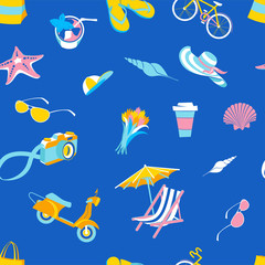 Summer beach tropical party icons seamless travel pattern