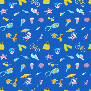 Summer beach tropical party icons seamless travel pattern