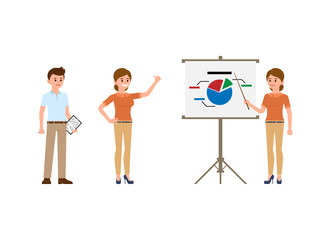 Man and woman office workers making report on flip chart. Cartoon character at presentation