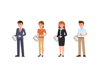 Male and female office stuff cartoon character. People standing with cup of coffee and notes
