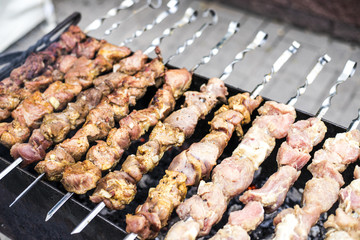 Hot juicy barbecue, fried on the grill. Skewers and lots of meat.