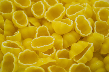 Photo of raw yellow pasta, seashells close-up.