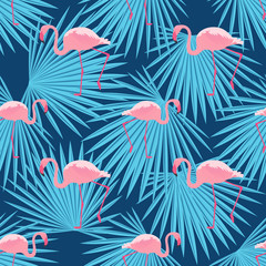 Pink flamingos and palm leaves. Seamless tropical summer pattern.