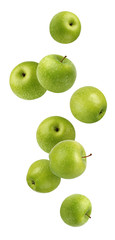 Falling (flying) green apples isolated on white.