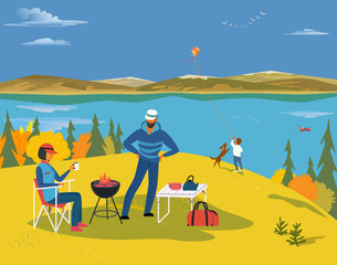 Obraz premium Autumn season lake landscape scenic view. Family, parents and son, dog at barbecue picnic in mountain valley. Naiture outdoor leisure activity. BBQ grill in autumn forest cartoon. Vector illustration