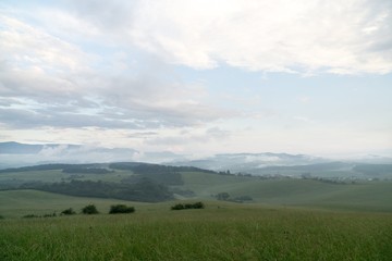 Sunrise and sunset over the hills and town. Slovakia