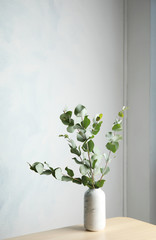 Bunch of eucalyptus branches with fresh leaves in vase on table