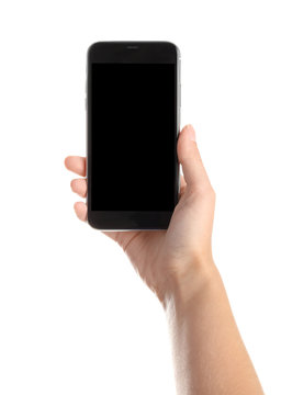 Woman holding smartphone with blank screen on white background. Mockup for design