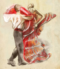 Obraz premium Spanish dancers. An hand drawn illustration, freehand sketching.
