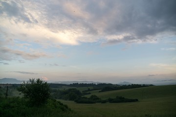 Sunrise and sunset over the hills and town. Slovakia
