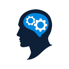 Silhouette human head with gears vector illustation. Thinking brain icon. Profile of a person