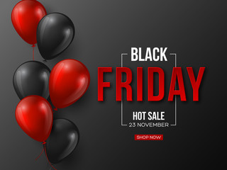Black Friday sale typographic design. 3d stylized red color letters with glossy balloons. Black background. Vector illustration.