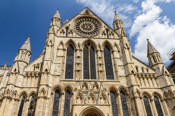 Gorgeous clear sunny day view of York Minster Cathedral in Yorkshire , England UK.