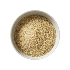 Wheat groats in bowl. Preparing ingredients for cooking. Isolated on white background. Top view.