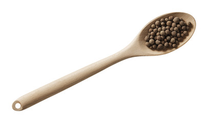 Allspice in wooden spoon. Preparing ingredients for cooking. Isolated on white background. Top view.