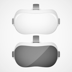 Two VR virtual reality headsets in black and white olor. Realistic virtual reality headset glasses. Innovation device. Vector eps 10.