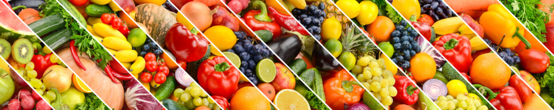 Collage of healthy fruits and vegetables divided oblique lines
