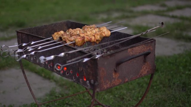 meat on spit is baked on grill