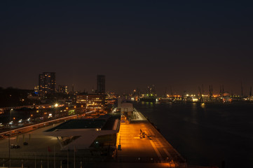 View from above at Cruise Terminal Altona and Port of Hamburg at night.