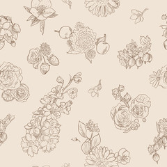 Wildflowers berries seamless pattern Hand drawn vector illustration vintage style Background gooseberries, strawberries