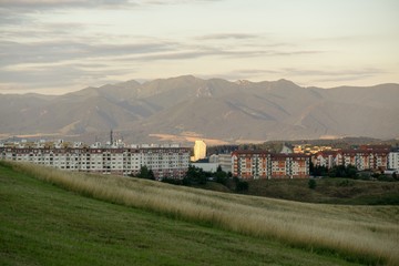 Sunrise and sunset over the buildings in the Zilina city. Slovakia 