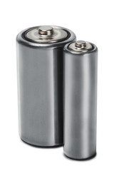 batteries AAA, AA and PP3 on white isolated background. Concept of renewable energy and sources of electrical power. Pattern for designer of environmental power sources, electrical power sources.