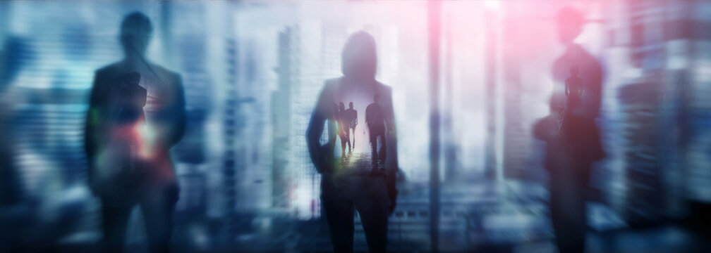 Silhouettes of people walking in the street near skyscrapers and modern office buildings. Multiple exposure blurred image. Economy, finances, business concept illustration. Conseptual. 