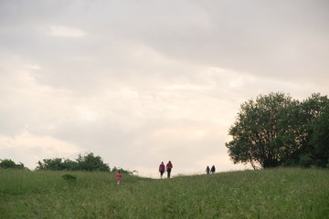 People walking a dog on meadow. Slovakia