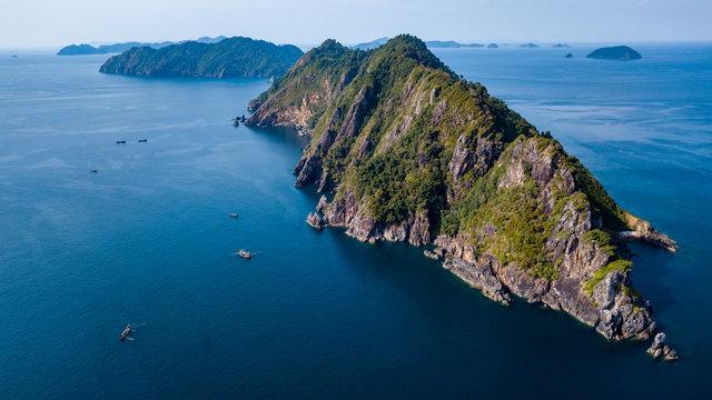 Aerial view of a rocky island in the Mergui Archipelago in Myanmar