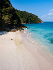Aerial drone view of a beautiful sandy beach surrounded by lush green forest on a remote tropical island