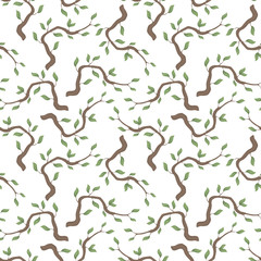 Curves curved brown branches of forest trees with green leaves on a white background seamless pattern.