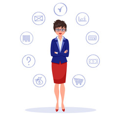 Business woman in red skirt, blue costume and stylish glasses, has short haircut stands arms across surrounded by hand written finance icons. Vector illustration colorful isolated on white background