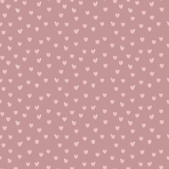 Hearts small pink on a dark pink background with white twinkling flares seamless vector pattern.