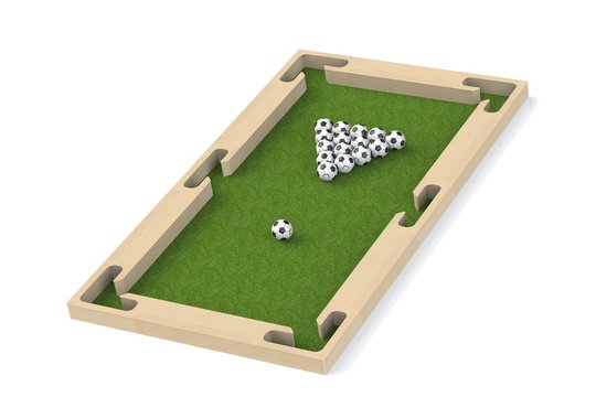 Ground pool snookball game with football balls on green grass reaching goal.  3D rendering, 3D illustration,